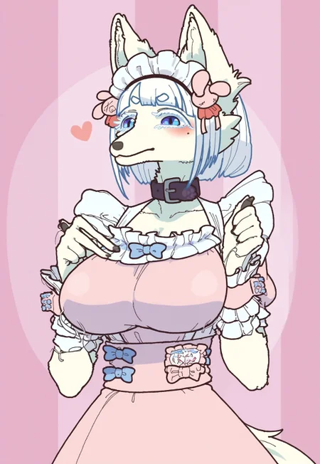 safe_pos, safe_pos, score_9, score_8_up, score_8. score_9, score_8_up, score_7_up, score_6_up, masterpiece, 4k, high quality, (best quality:1.1), ExpressiveH, 
BREAK
1girl, dress, breasts, wrist cuffs, collarbone, happy, puffy sleeves, mole under eye, blue eyes, looking at viewer, facing viewer, front viee, angry, fox ears, closed mouth, frills, body fur, furry female, animal nose, pink dress, black glooves, hearts, heart fingers, tail, white hair, blue hair, blunt bangs, furry, animal ears, huge breasts, Arching back, (from chest up), bouncing breasts, pink background, portait, cute, blushing