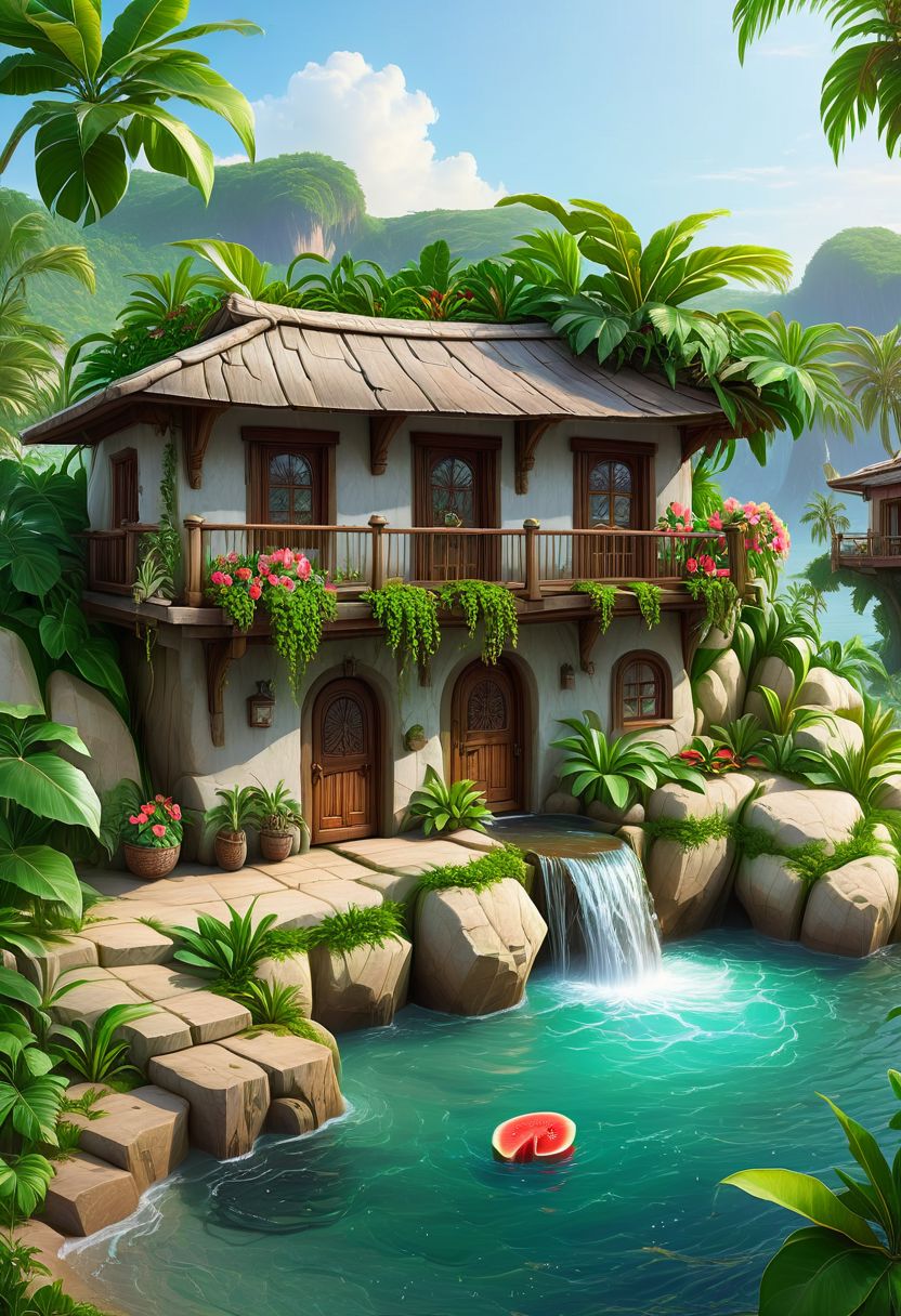 zzDelfinoPlaza,
((masterpiece, best quality)), high resolution, highly detailed, 32k picture, realistic, professional photo,waterfall, 
 ,  detailed small house,  small island,  detailed dock,  detailed leaves on roof,  detailed wooden door,  big watermelon, palm tree,