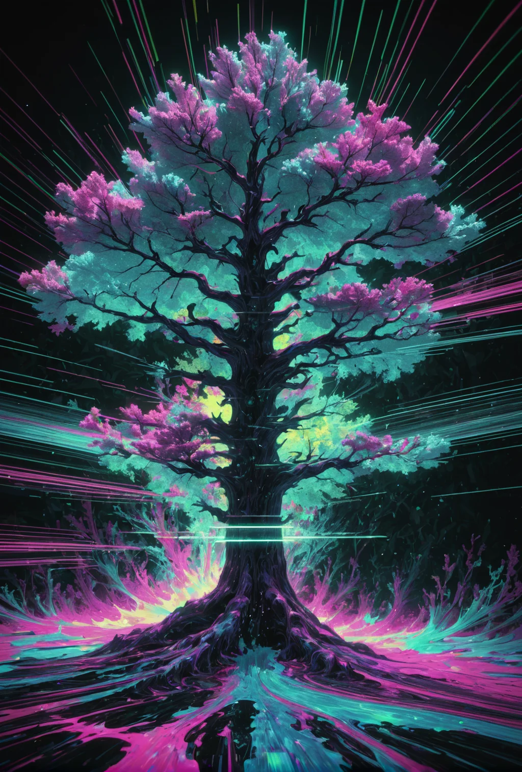 (abstract:1.4), (sureal), (style of siudmak:valleho), random signals and noise, radioactive, vhs glitches, void entity, quantum supoerposition, fractal tree, colliding particles, masterpiece, glitter, subsurface scattering, chromatic aberration