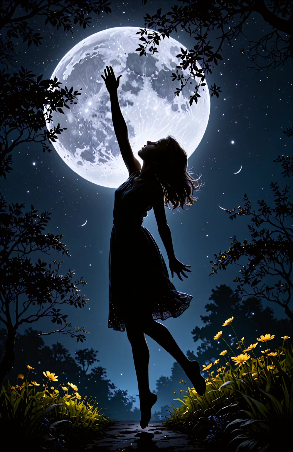 A girl hangs in the air moonlight on a tranquil garden, Her silhouette contrasts against the night sky, Her eyes, like stars, draw focus, The scene is dreamlike, tempering fantasy.