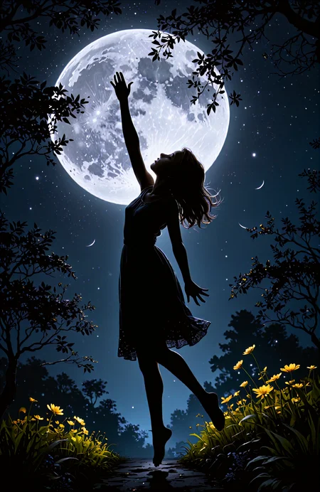 A girl hangs in the air moonlight on a tranquil garden, Her silhouette contrasts against the night sky, Her eyes, like stars, draw focus, The scene is dreamlike, tempering fantasy.