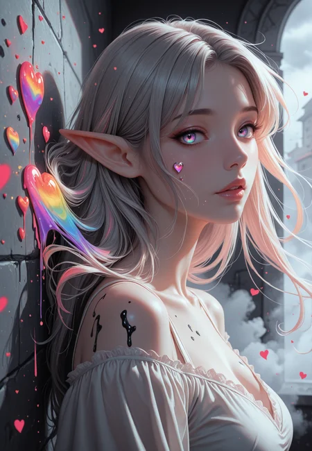 1girl, woman, adult, looking at viewer, looking at viewer, innocent flirty, elf ears,
high_quality, highres, detailed_eyes, detailed, masterpiece, best quality, absurdres, 8k, HDR, face_focus,
ink, wall, fog,
rainbow colors, chromatic colors, gray, black, white, red, limited palette,
cosmic, floating hearts, floating hair,
motion, chromatic colors,