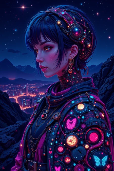 Omani beautiful landscape, bright luminous starry night, woman, very intricate, very detailed, sharp, bright, colorful, <lora:Hand v2:0.5> <lora:Anti-Blur:1><lora:Insane Detail Slider:0.25> <lora:flux.1_lora_flyway_Epic-detail_v2:0.3> <lora:fluxenhancer:0.25> <lora:Neurocore Anime Cyberpunk v2.0:1> A digital artwork in the style of cknc <lora:abyss-neon:0.6> bo-neon