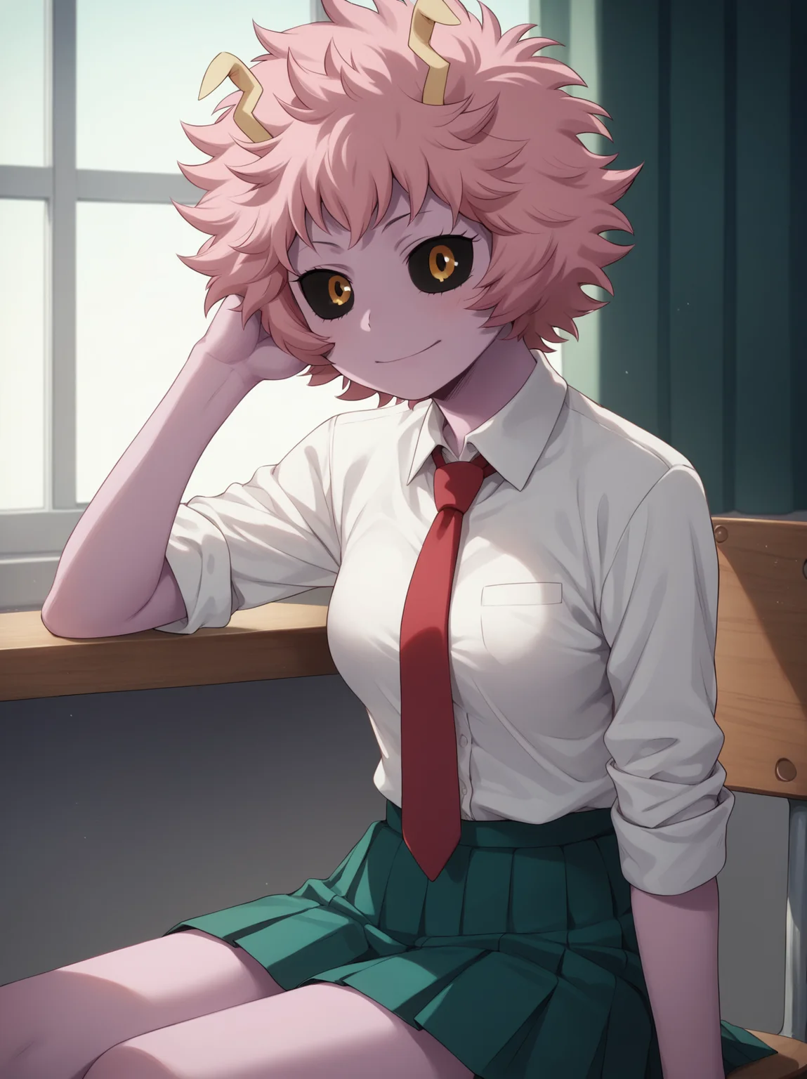 <lora:MinaAshidoPonyV2:1>, minaashido, 1girl, white shirt, necktie, pleated skirt, sitting,, score_9, score_8_up, score_7_up