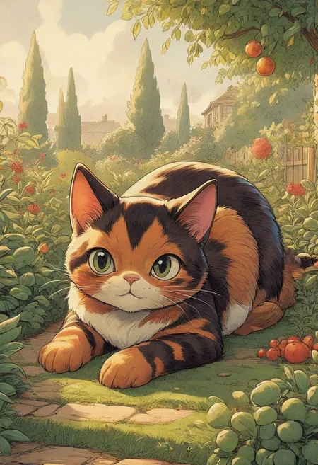 cartoon of cute tortoiseshell cat, lying on back, playful, quirky, 1940's cartoon, vintage cartoon, beautiful, detailed, garden background