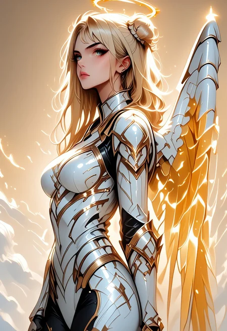 score_9, score_8_up, score_7_up, (Western Comics), a full body image of a sexy mechangel girl, caucasian, seductive, (glowing wings), solo, glowing armor, glowing halo, glowing mechanical 4 wings (hyperdetailed:1.15), detailed, light passing through hair, (ultra detailed, high quality texture), (sharp), (artistic image), 32K, 4K, ULTRA HD, small waist, large breasts, tight white bodysuit with, crop: -5, (3/4 portrait), wide view, ((her whole head and hair is visible)), zoomed out, (wings completely visible), (from thighs and up), wings folded along her body, cowboy shot, angelify, (monochrome background), (nothing in background), plain background, Long blonde hair in Double Bun, wings fully visible, runesword