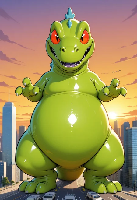 1boy, solo, Reptar, dinosaur, green body, blue spines, red sclera, three fingers, three toes, thick legs, bottom heavy, chubby, semi-anthro, tail, big eyes, expressive eyes, toony eyes, fat, smooth shiny body, giant, towering over city, skyscrapers, sunset, high quality, detailed, digital art, masterpiece, amazing shading, wacky, silly,  western animation style