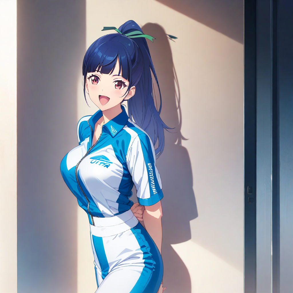 ami_tsuruga, red eyes, blue hair, ponytail, long hair, large breasts, racing queen, blue outfit, cowboy shot, 1girl, solo, portrait, smile, open mouth, hands behind back, <lora:XL-AmiTsuruga:1>, (masterpiece),(best quality),(ultra-detailed),(best illustration),(best shadow),(absurdres),(detailed background),(very aesthetic),