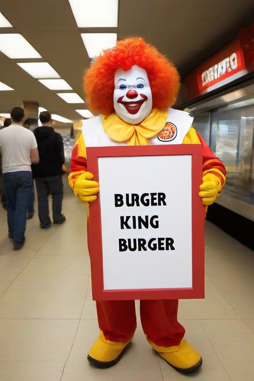 <lora:PE_HoldingSign:0.8> PEHoldingSign,
Ronald MCDonald holding a sign that says Burger King