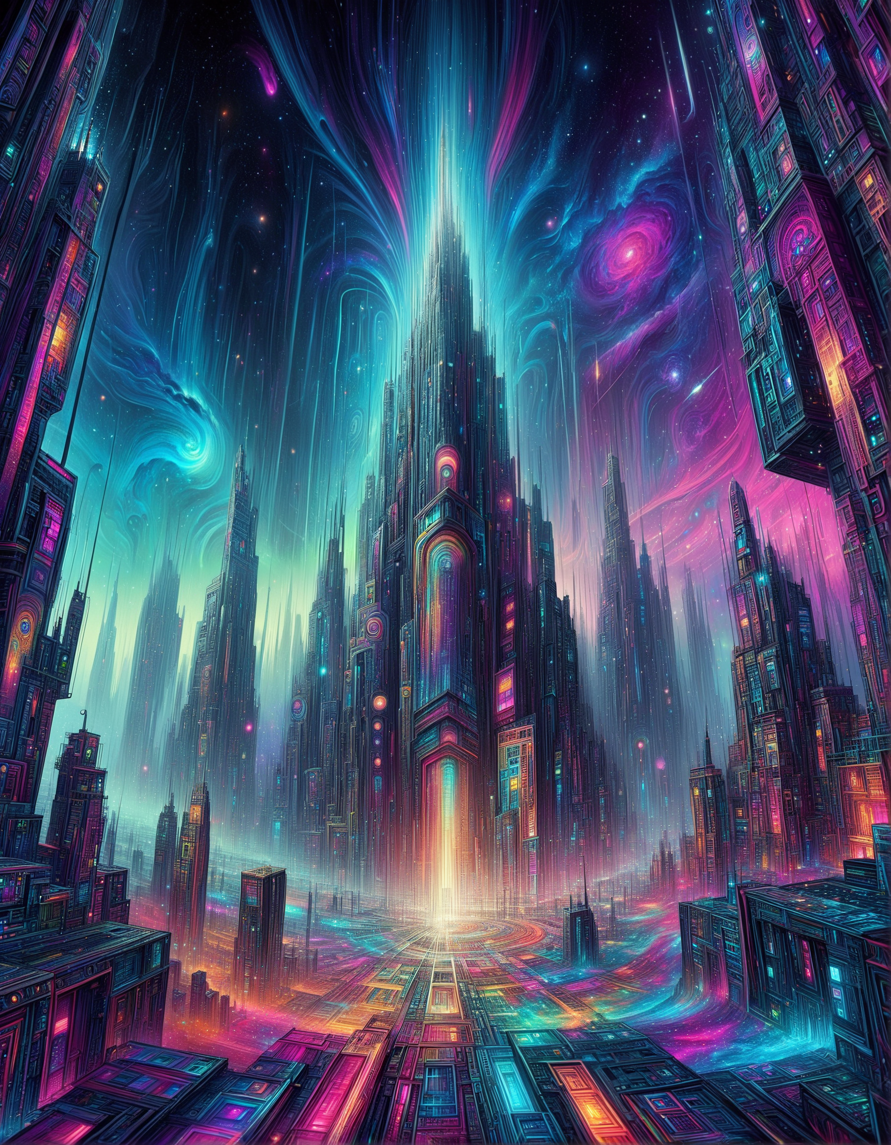 trippy artwork, illustration, abstract, vibrant, sci-fi city, gigantic buildings, intricate architecture, colorful neon lights, nebula sky, dark, eerie, high contrasts