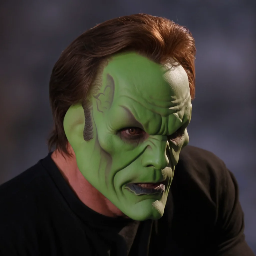 detailed high quality photo of a man with a (((green head))) and brown hair, the_mask, <lora:BigHeadMask_V1_Dorian_SDXL:0.7>