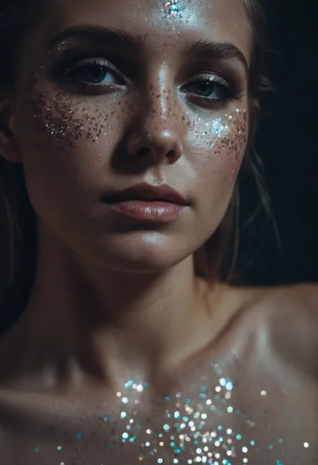 Dutch woman, close-up of face and bare shoulders, glitter on skin, moody lighting, dreamy atmosphere, cinematic color grading