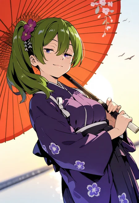 ((haniodonstyle, solo, ubel \(sousou no frieren\), dynamic angle, vivid color, anime movie style, inspired by takeda hiromitsu)), green hair, side ponytail, purple eyes, masterpiece, best quality, extremely detailed, depth of field, very aesthetic, newest, absurdres, detailed eyes, pretty eyes, prettiest eyes, detailed facial expression, facial expression emphasized, cute face, 1girl, big hair flowers, multiple hair flowers, red and magenta hair flowers, dark purple kimono, wide sleeves, long sleeves, forearm, looking at viewer, octopus print kimono, holding oil-paper umbrella, light smile, tasuki, floral print and bird print umbrella, backlighting, big tasuki