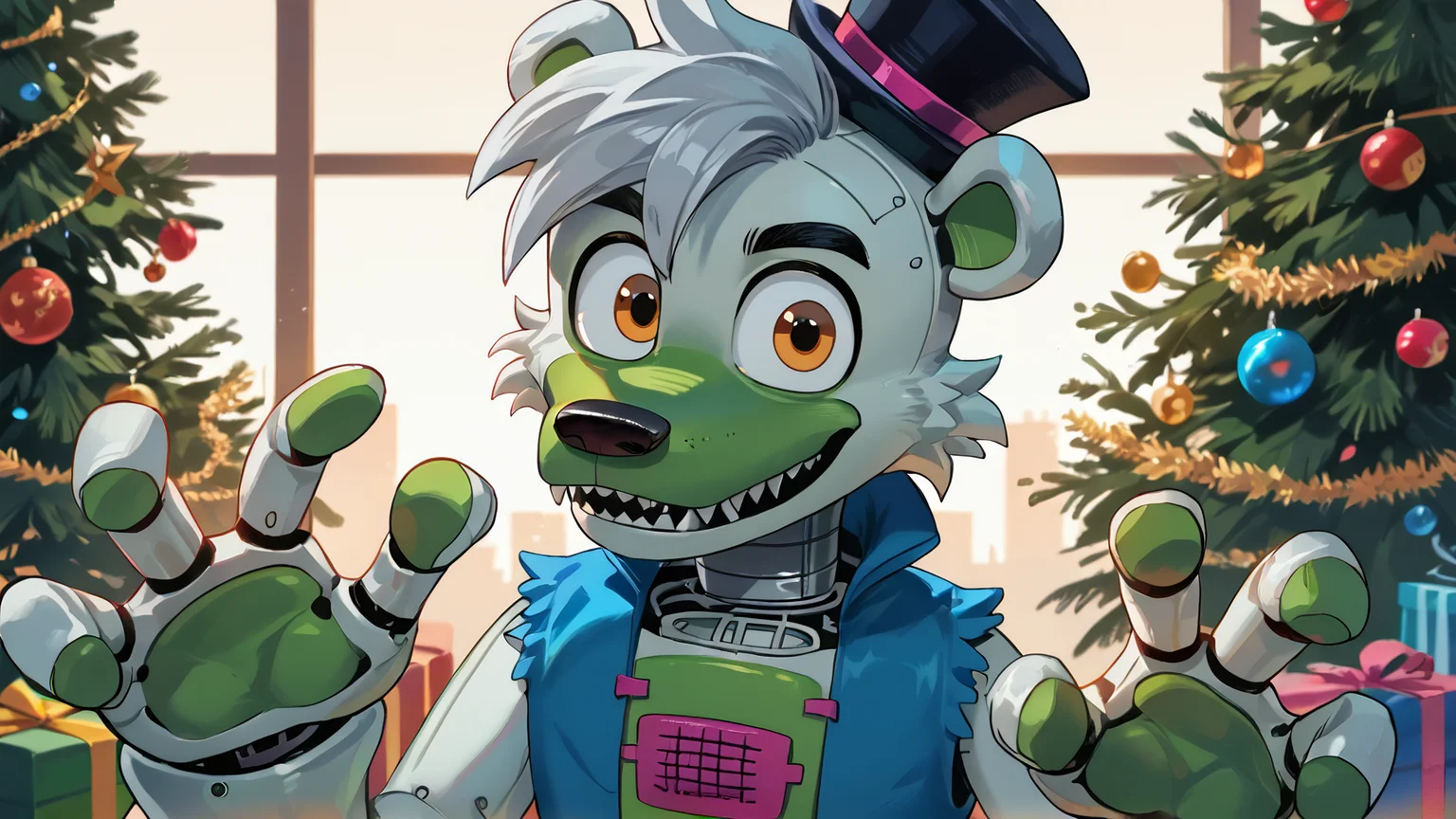 <lora:saucebear_ponyxl-10v1.2:1.7> score_9_up, score_8_up, score_7_up, source_furry, source_cartoon, outside, saucebear, bear ears, large canines, perfect canines, sabertooth, deep blue mini top hat, orange eyes, detailed eyes, green phalanges, four fingers, (((four fingers))), greenish-white body:1.2, (green color front, gray neck, metallic neck:1.5), wearing blue vest, loose vest, thin neck, solo, (looking at viewer), perfect body, detailed hands, toony hands, toony body, zPDXL2, detailed hat, male focus, nice background, (flat chest), fluffy head:0.8, BREAK, winter scene, christmas tree, christmas scene
<lora:big_eyes_v1:1.0> <lora:zy_Detailed_Backgrounds_v1:0.3>