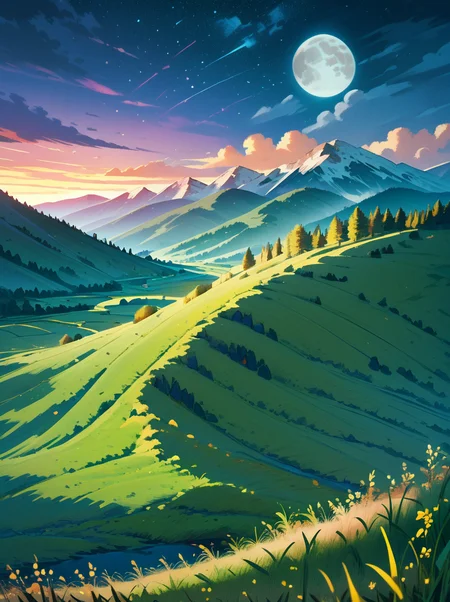 score_9, score_8_up, score_7_up, PDXL, <lora:Animeliner:1>,
landscape, grassy fields, mountains in the background, twilight, moon