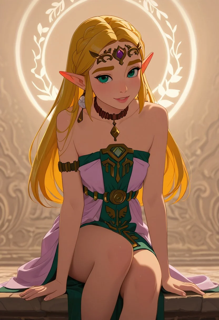 DisneyRenstyle, DISNEY_ANIMATION,
masterpiece, best quality, hyper-realistic, ultra-HD, luminous lighting, cinematic ambiance, shimmering gradients, ethereal glow, deep contrast, rich color tones, seductive atmosphere, captivating sensuality, Cinematic Lighting, (princess zelda:1.3)
raytracing, volumetric lighting, ambient occlusion, Background, girl, solo, dress, sitting,leaning forward,