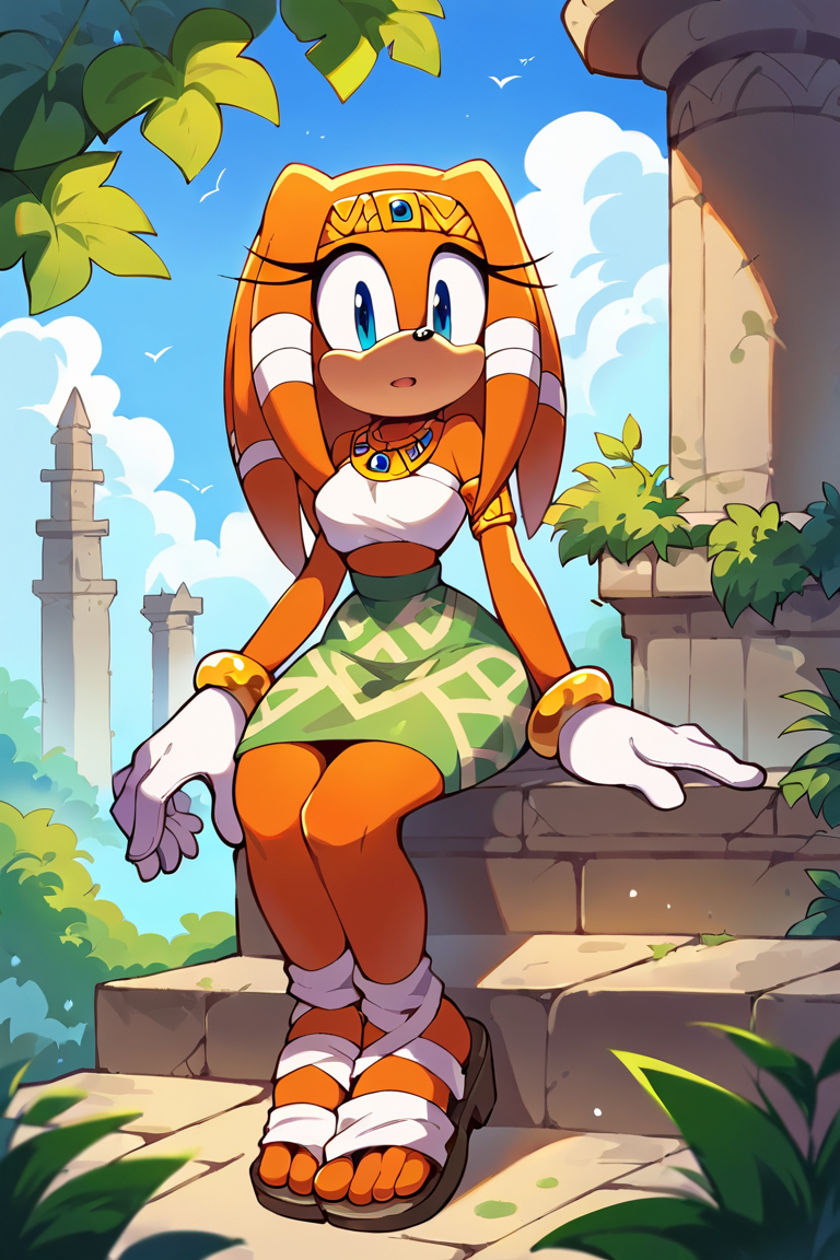 score_9,  score_8_up, 2D, flat color, 1girl, solo, outdoors, tikal the echidna from the sonic the hedgehog series, wide hips, narrow waist, sandals, pattern skirt, sitting on stone steps, temple  <lora:TikalSDXL:0.70>  <lora:Smooth Anime 2 Style SDXL_LoRA_Pony Diffusion V6 XL:1>