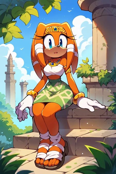score_9,  score_8_up, 2D, flat color, 1girl, solo, outdoors, tikal the echidna from the sonic the hedgehog series, wide hips, narrow waist, sandals, pattern skirt, sitting on stone steps, temple  <lora:TikalSDXL:0.70>  <lora:Smooth Anime 2 Style SDXL_LoRA_Pony Diffusion V6 XL:1>
