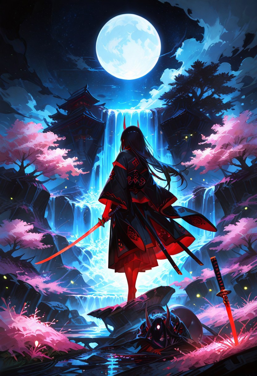 masterpiece, best quality, amazing quality, very aesthetic, absurdres, newest, volumetric lighting, holographic colors, cute, gradient colors, dark background, masterpiece, best quality, amazing quality, very aesthetic, absurdres, newest, volumetric lighting,1girl, 
BREAK
nsfw, 
 ambient occlusion, raytracing, soft lighting, blum effect, masterpiece, absolutely eye-catching, particles, glow, shining, intricate cinematic background, (beautiful face),  
BREAK
masterpiece, highly detailed,1girl,beautiful eyes, big eyes, detailed eyes, detailed pupils, perfect body, dynamic pose, dynamic shot,
Aka-Oni, oni, colored skin, red skin, straight horns, black hair, long hair, 
black haori, overcoat, japanese clothes, cherry blossoms, mountains, meadows, scenery, blue skies, clouds, summer, fantasy, night, starry sky, light particles, fireflies, moon, waterfall, looking at another, facing away,holding sword, planted sword, katana, hands on sword,cinematic, epic, official art, bloom,
<lora:spo_sdxl_10ep_4k-data_lora_webui:0.6> <lora:ponyv5_noobV065S_1_adamW-000013:0.7> <lora:USNR_STYLE_XL_lokr:0.45> <lora:GBF_Illustrious:0.4> <lora:748cmSDXL:0.8>
