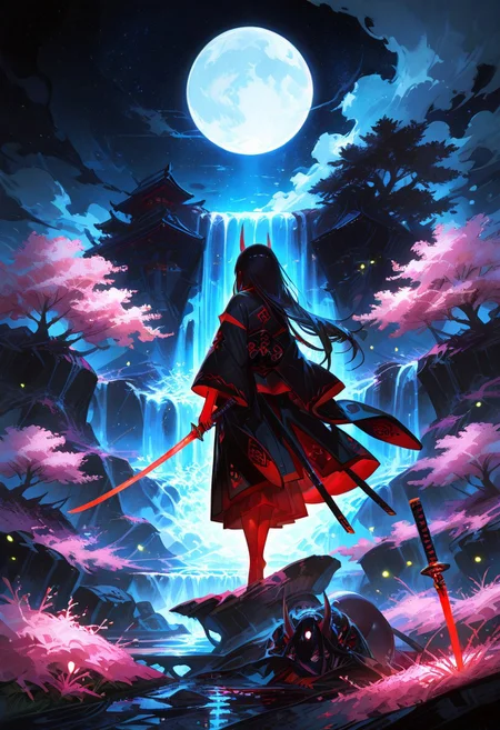 masterpiece, best quality, amazing quality, very aesthetic, absurdres, newest, volumetric lighting, holographic colors, cute, gradient colors, dark background, masterpiece, best quality, amazing quality, very aesthetic, absurdres, newest, volumetric lighting,1girl, 
BREAK
nsfw, 
 ambient occlusion, raytracing, soft lighting, blum effect, masterpiece, absolutely eye-catching, particles, glow, shining, intricate cinematic background, (beautiful face),  
BREAK
masterpiece, highly detailed,1girl,beautiful eyes, big eyes, detailed eyes, detailed pupils, perfect body, dynamic pose, dynamic shot,
Aka-Oni, oni, colored skin, red skin, straight horns, black hair, long hair, 
black haori, overcoat, japanese clothes, cherry blossoms, mountains, meadows, scenery, blue skies, clouds, summer, fantasy, night, starry sky, light particles, fireflies, moon, waterfall, looking at another, facing away,holding sword, planted sword, katana, hands on sword,cinematic, epic, official art, bloom,
<lora:spo_sdxl_10ep_4k-data_lora_webui:0.6> <lora:ponyv5_noobV065S_1_adamW-000013:0.7> <lora:USNR_STYLE_XL_lokr:0.45> <lora:GBF_Illustrious:0.4> <lora:748cmSDXL:0.8>