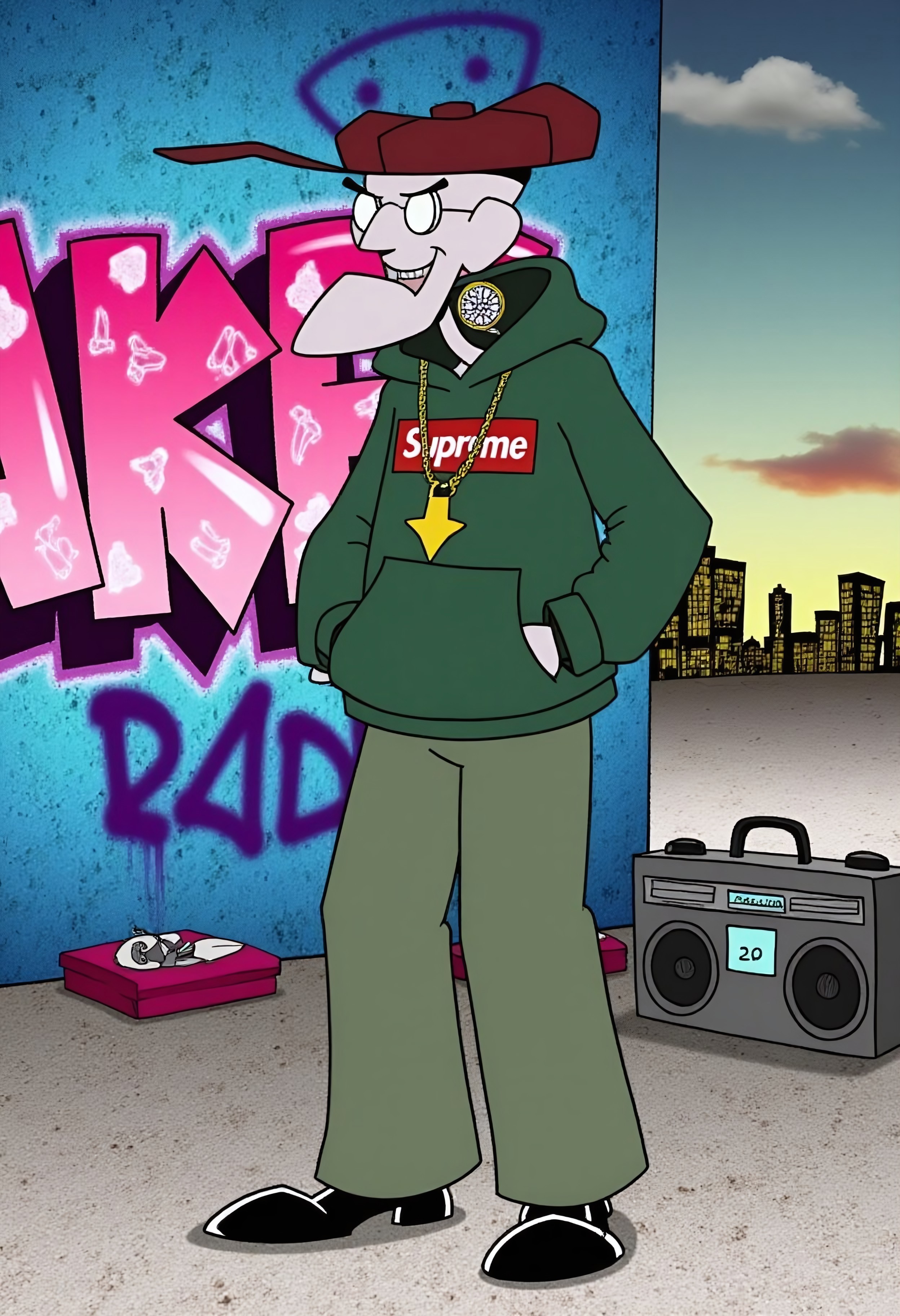 Create an image of Eustace Bagge from Courage the Cowardly Dog dressed in a 'Supreme' hoodie, oversized gold chains, and flashy diamond-studded earrings. He has a confident, almost smug expression on his face, and he’s striking a relaxed, streetwise pose. His pants are baggy, and he’s wearing chunky sneakers. The background is filled with vibrant graffiti art, with spray-painted tags, colorful street art, and urban elements like a boombox and a city skyline in the distance. Eustace’s typical grumpy demeanor contrasts with the flashy, confident gangsta style he’s rocking. The overall vibe is a blend of street culture and humorous absurdity