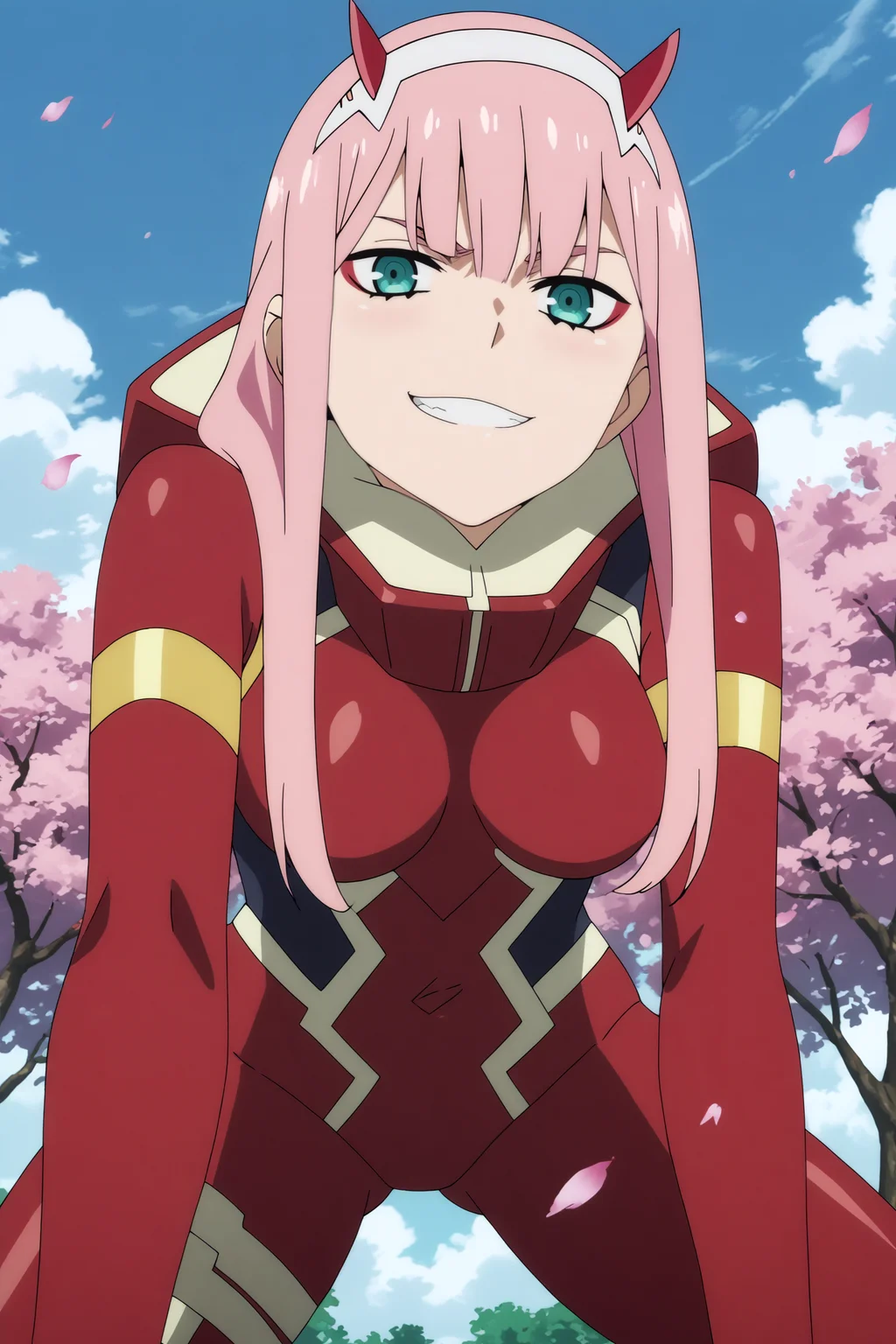 zero two,1girl,solo,long hair,horns,green eyes,smile,bangs,looking_at_viewer, bodysuit, red bodysuit,eyeshadow,makeup,smirk,cowboy shot,all fours,from below BREAK outdoors,blue sky,cloudy_sky,cherry_blossoms <lora:Zero_Two_-_Darling_in_the_franxx.safetensors:0.8> <lora:detailed_backgrounds_v2.safetensors:0.5>
