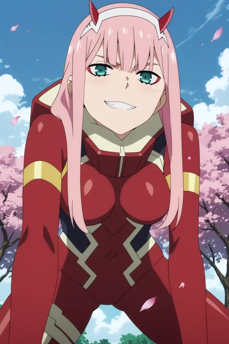 zero two,1girl,solo,long hair,horns,green eyes,smile,bangs,looking_at_viewer, bodysuit, red bodysuit,eyeshadow,makeup,smirk,cowboy shot,all fours,from below BREAK outdoors,blue sky,cloudy_sky,cherry_blossoms <lora:Zero_Two_-_Darling_in_the_franxx.safetensors:0.8> <lora:detailed_backgrounds_v2.safetensors:0.5>