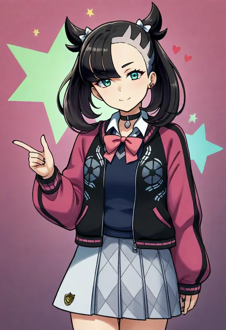 2d, masterpiece, best quality, amazing quality, 1girl, solo, close-up, standing, smile, upper body, cowboy shot, standing on one leg, looking at viewer, simple background, colorful background, hearts, stars, acmarnie, def colors, green eyes, black hair, asymmetrical bangs, white hair ribbon, black jacket, pink jacket, multicolored jacket, open jacket, blue sweater vest, white collared shirt, long sleeves, pink bowtie, pleated skirt, white skirt, checkered skirt, white socks, loose socks, shoes, black footwear, score_9, score_8_up, score_7_up,source_anime