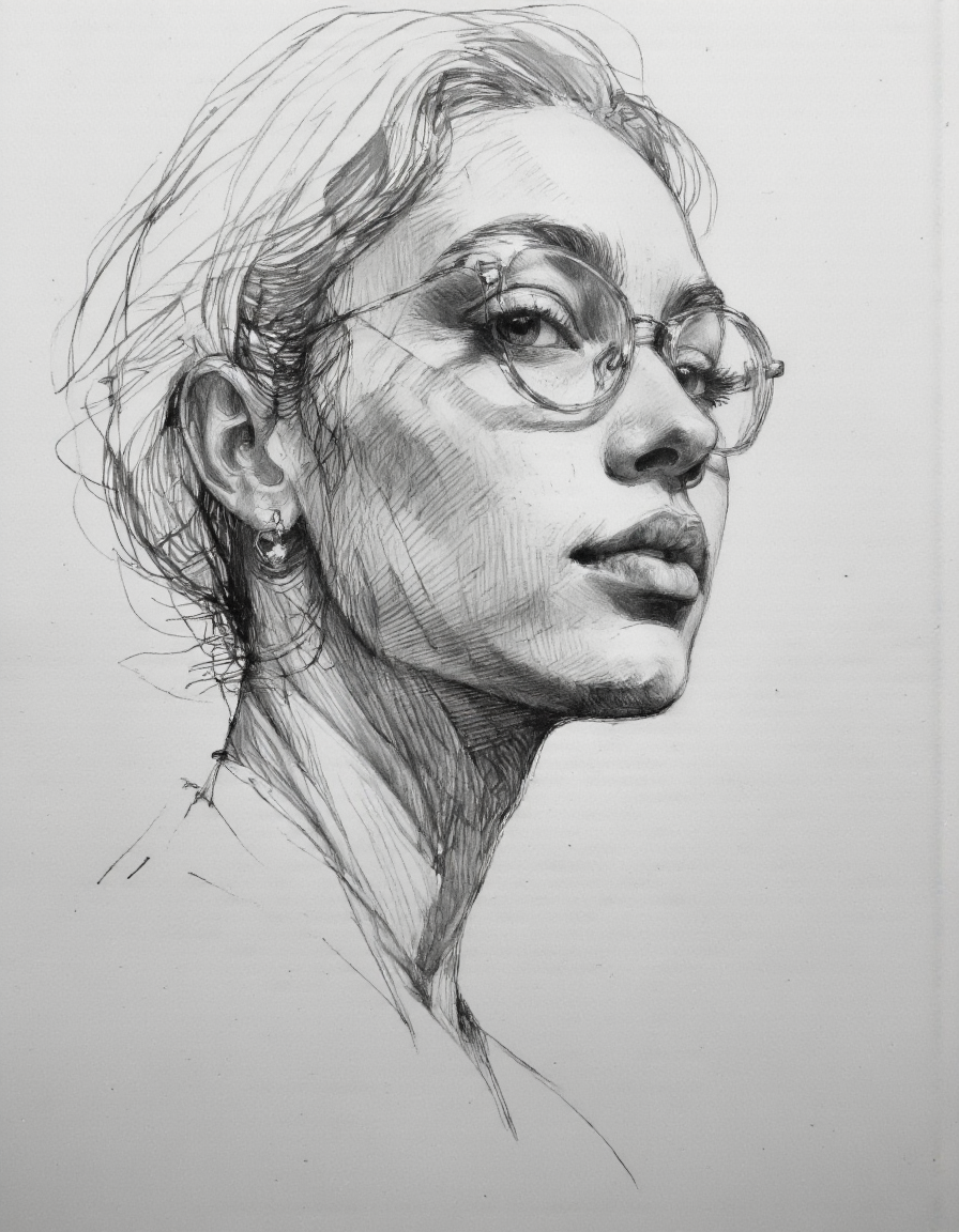 This is a highly detailed, monochromatic pencil drawing of a woman's profile, captured in a realistic style on oiled paper.
The subject is a young woman with a strong, expressive profile. Her facial features are rendered in fine, intricate pencil strokes, showcasing a deep understanding of light and shadow. She has a prominent nose, full lips, and a strong jawline. Her eyes are partially visible, with a hint of a piercing gaze. She wears round, wire-rimmed glasses that reflect light, adding depth to her face. <lora:Sketch:0.75> <lora:Sketching:0.8> <lora:Charcoal:1>