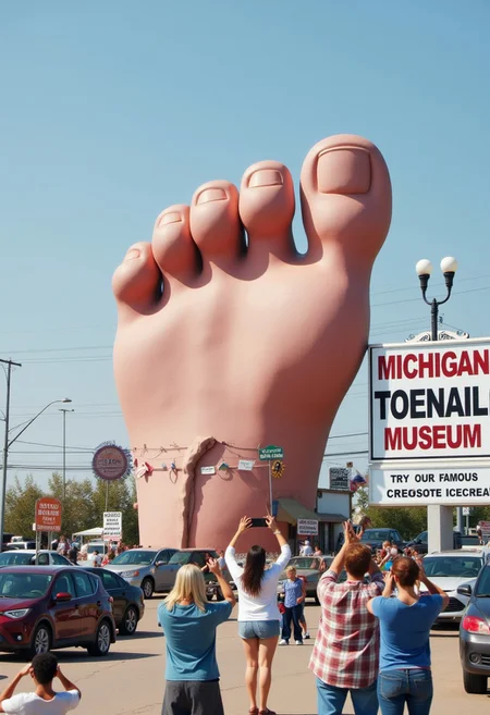 Photo depicting a surreal scene at a "world's largest TOENAIL MUSEUM" roadside attraction, along with people taking photos of it and cars parked near it. a giant toe can be seen. There is a large sign that says "MICHIGAN TOENAIL MUSEUM" next to it and a smaller sign saying "TRY OUR FAMOUS CREOSOTE ICECREAM"