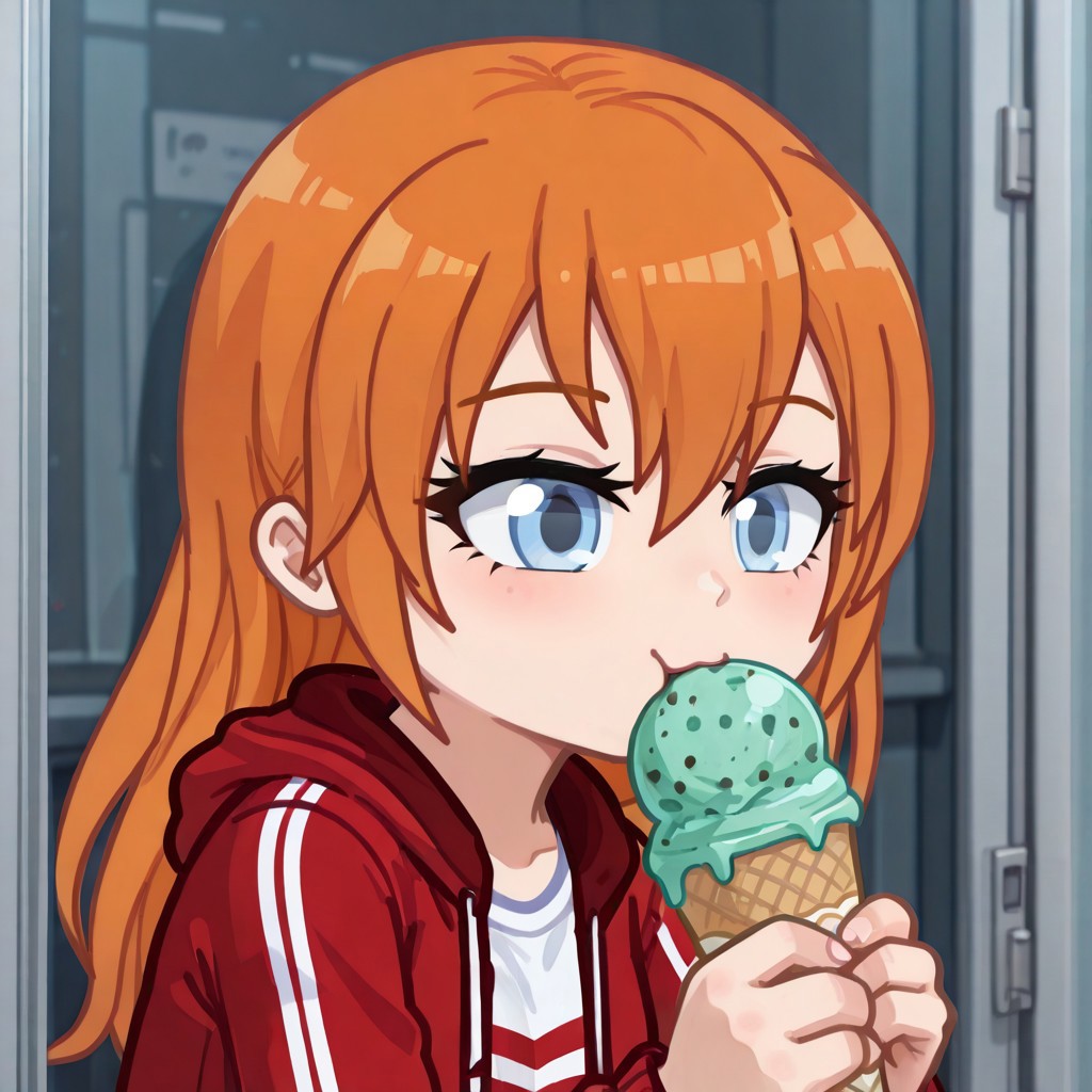 masterpiece,best quality,amazing quality, Gacha, GachaPumpkinRed, PumpkinRed, girl, Blue eyes, redhead, orange hair, red jacket with stripes, holds Pistachio ice cream, eat Pistachio ice cream