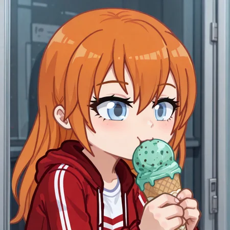 masterpiece,best quality,amazing quality, Gacha, GachaPumpkinRed, PumpkinRed, girl, Blue eyes, redhead, orange hair, red jacket with stripes, holds Pistachio ice cream, eat Pistachio ice cream