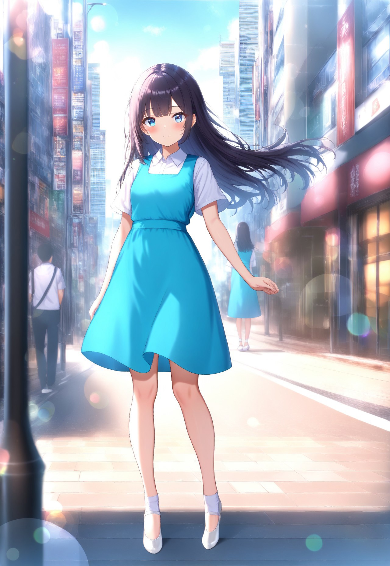 masterpiece, best quality,amazing quality,(1girl), solo,(depth of field),(solo focus),8K,HDR,(ultra high res),(highres),(full body),(lens flare),smile,blush,(black hair),(long hair),(blue eyes),(floating hair), sidelocks,(malaysian secondary school uniform),(pinafore dress),(aqua blue skirt),(blue pinafore),(collared shirt),(white shirt),(short sleeves),(white socks),(short socks),(white footwear),(ballet flat),(outdoor),(cityspace),(city),(street),(lampost),(standing),(looking at viewer)