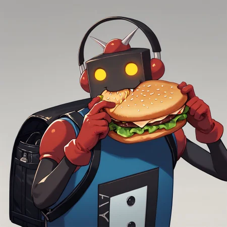 score_9, score_8_up, score_7_up, best quality, 5_fingers
gradient background
1boy, solo, no humans, mecha, robot, red gloves, backpack, yellow eyes, glowing eyes, headphones, robot ears, portrait
eating a hamburger