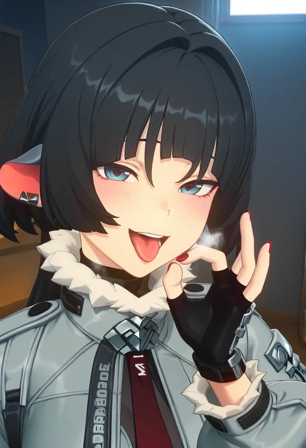 masterpiece, best quality, amazing quality, very aesthetic, absurdres, newest, scenery, volumetric lighting, perfect eyes, ultra detailed,
1girl, Jane Doe, solo, black hair, bangs, low ponytail, red ponytail hair, blue eyes, rat ears, ear piercings, red nails,
grey jacket, straps, fingerless gloves, black and red tie, fur trim, 
looking at viewer, portrait, face closeup, closeup, beautiful face, open mouth, tongue out, blushing, visible breath, fellatio gesture, mouth interior, mischievous face, sly face, happy,
bedroom, detailed background, beautiful frame,
<lora:Jane_Doe_-_Zenless_Zone_Zero_ZZZ_-_Illustrious:1>
masterpiece, best quality, amazing quality, very aesthetic, absurdres, newest, scenery, volumetric lighting, perfect eyes, ultra detailed,