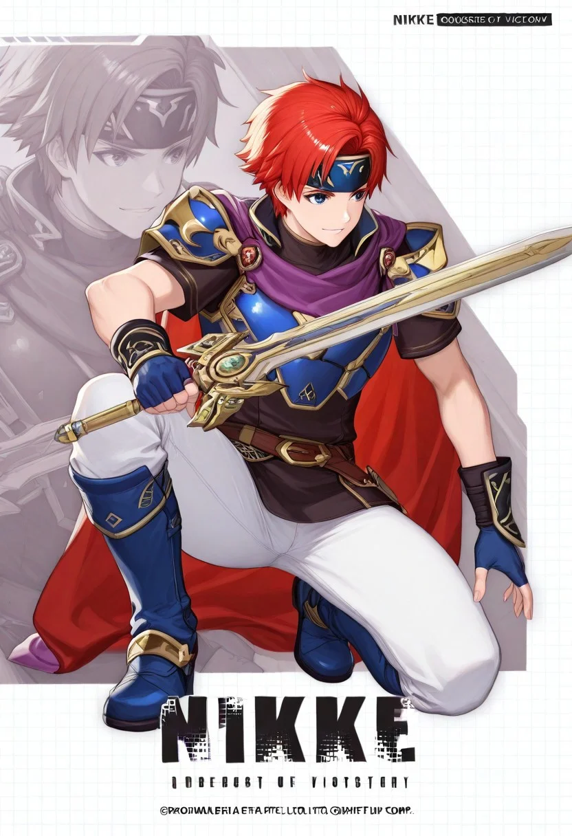 [#👦;♞]side_light,4k,(masterpiece:1.4),(best quality:1.4),(high resolution:1.4),Ultra HD, HDR,(hyperdetailed),smooth lighting,source_anime,very aesthetic,intricate details,intense,highres,vibrant colors,detailed_shadows,detailed_reflections,high-quality textures,depth of field,good shading,studio quality,epic lighting,digital illustration,path_tracing,rtx_on_styled_lighting_and_reflections,<lora:add-detail-xl:1>,looking to the side,unblurred,perfect composition,intricate details,incredibly absurdres
BREAK full body,on one knee,(beautiful,absurd res), 
BREAK [NIKKEPROFILE,FULL BODY,CHECKERED BACKGROUND,ZOOM LAYER,COPYRIGHT NAME,CHARACTER NAME,ENGLISH TEXT,LOGO],
[ONLY1boy,solo,bishounen,male,18 year old,super smash bros. melee,r0y,\(Nintendo©\),Fire emblem (series),show accurate proportions,"crimson hair,short hair,redhead,SHORT-SPIKED hair,flowing hair",(shiny skin),"anime eyes,half-closed eyes,detailed eyes,symmetrical eyes,perfect eyes,(blue eyes:1.5),perfect sclera",soul,emotions,ALIVE,smile,(perfect hands,fingerless gloves,blue gloves,hands,perfect fingers,perfectly anatomy,detailed anatomy,correct anatomy),"black undershirt,short sleeves,bare shoulders",blue boots,"two-tone cape,purple-red cape,purple scarf",brown belt,"BLUE HANDBAND,blue chest plate,blue armor,metallic reflection,shiny,glossy",blue tunic,white pants,SFW]
BREAK "holding weapon,🗡️,holding sword,sword in hand,detailed sword,perfect sword,holding Sword of Seals,magical sword,🔥,blazing sword"