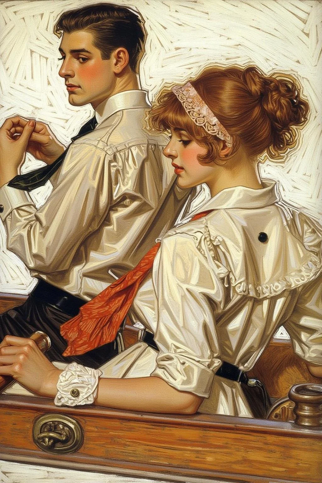 jcleyen1 painting.
A young man and a young woman in a boat in the 1920s. We see the back view of the woman, who is turning her head looking sideway. <lora:jcleyen1_cap_d6a3e11:1.0><lora:824041698528131028:0>