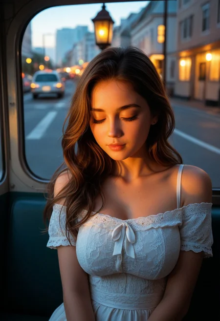 A candid, sexy image of a cute 21-year-old girl, large breasts, small waist, short thick legs, peacefully sleeping on a bus. Her petite frame is curled up comfortably, her feet tucked up on the seat as she drifts into a deep, unguarded slumber. Her youthful features, soft and relaxed, are framed by slightly tousled hair, gently falling over her closed eyes.
The dim interior of the bus is bathed in the warm glow of streetlights passing by, casting soft, ambient light over her serene expression. The slight movement of the vehicle adds to the sense of quiet sexiness, emphasizing the fleeting beauty of the moment. She wears a casual yet sensual and cozy outfit, hinting at a long day behind her.
Outside the window, the blurred cityscape rushes by, contrasting with the stillness of her peaceful rest. The composition captures the delicate charm of the scene—a glimpse into a quiet, tender moment of relaxation in the midst of a journey.
Cinematic lighting, ultra-realistic detail, warm and intimate atmosphere, candid and natural pose, soft focus on background