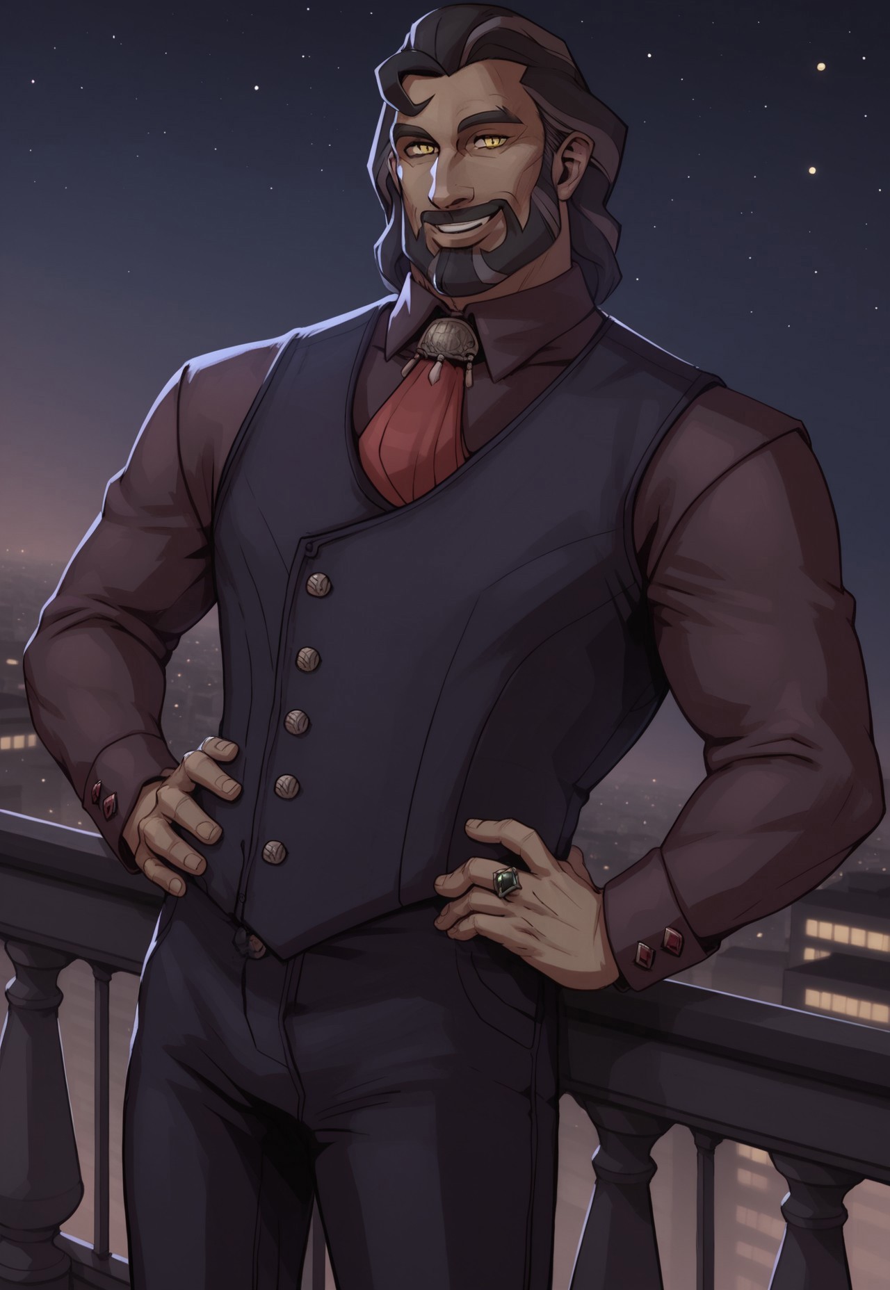 score_9, score_8_up, Andromachos, medium hair, beard, facial hair, yellow eyes, vest, shirt, necktie, smile, looking at viewer, balcony, night, stars, city in the background, (leaning in front of the balcony, dynamic pose, dutch angle), ring, cufflinks, hands on hips, 