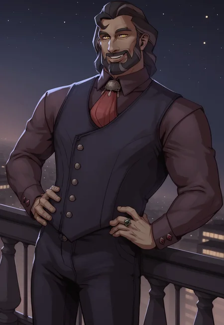 score_9, score_8_up, Andromachos, medium hair, beard, facial hair, yellow eyes, vest, shirt, necktie, smile, looking at viewer, balcony, night, stars, city in the background, (leaning in front of the balcony, dynamic pose, dutch angle), ring, cufflinks, hands on hips,