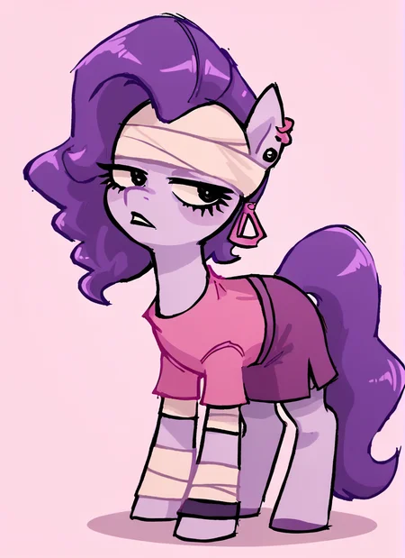score_9, score_8_up, score_7_up, <lora:bsemz:1>bsemz , 1 girl , purple skin , bandages ,Earrings , purple hair, skirt ,cropped shirt , pink shirt , <lora:SyrupyyyArt:1>syrupyyy , (horse girl,:1.2) (pony girl:1.1) pony