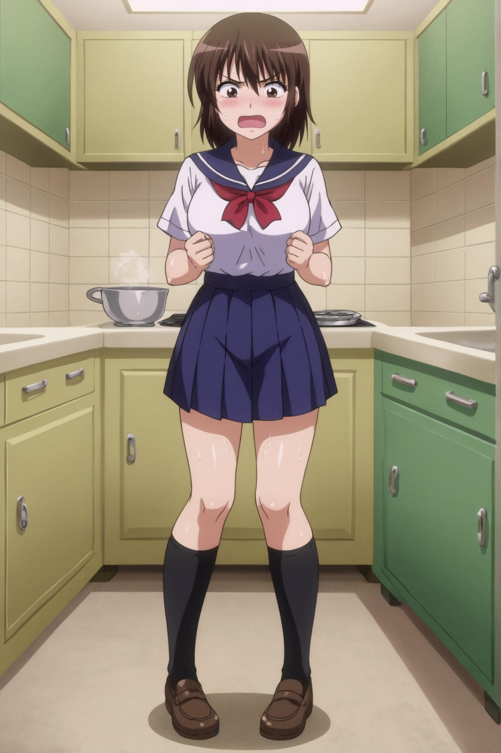 score_9, score_8_up, score_7_up,anime_source, source_anime, best background, detailed background, anime screencap,  Miyuki, school uniform, skirt, sweat, tsundere, blush, embarrassed, dynamic angle, hidde face, hands front of face, hidden face, full body, bit her lips, indoors, kitchen, <lora:JN_Miyuki:0.8>