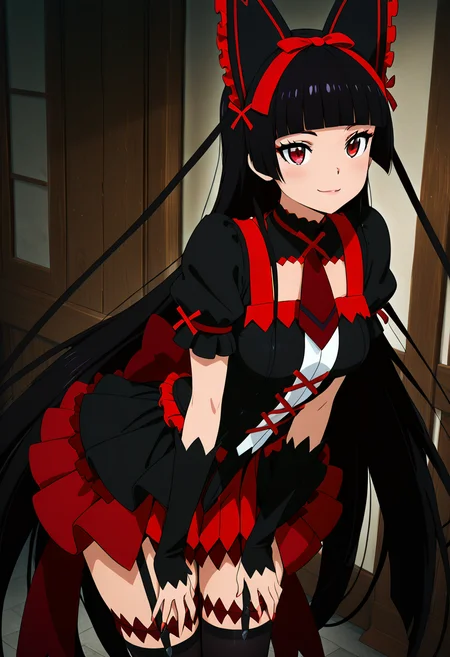 masterpiece, best quality, 1girl, solo, eyelashes, medium breasts, narrow waist, zzRory, red eyes, long hair, black hair, blunt bangs, hime cut, very long hair, hair ribbon, black dress, black thighhighs, garter straps, bow, <lora:RoryMercuryGateZAP_IXL:1.0>,bent over, hands on knees, side view, flirty smile, cowboy shot, looking at viewer,