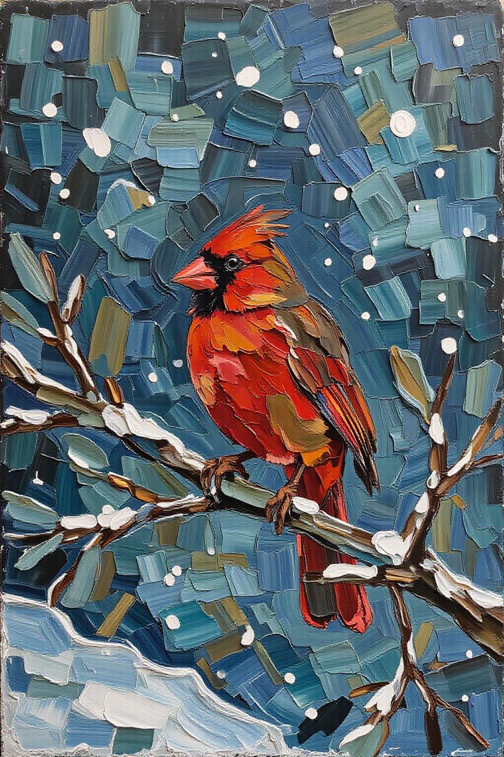 impasto oil painting. 
a red cardinal perched on a branch during a snowstorm <lora:impasto_nocap_d6a3:1.0> <lora:Flux-Sch-SingleBlocks-BF16:1.0><lora:802459440621110478:0>