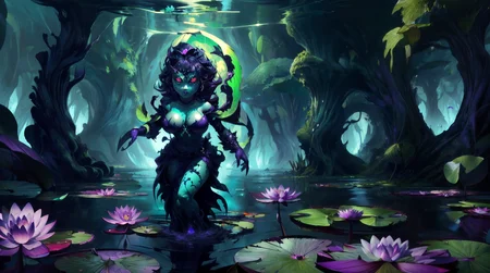 (masterpiece, best quality, fullscreen), [(full body:1.1)::0.3] portrait (photo of a seductrice [magical being:succubus:0.4]:1.1), <lora:EYES Solid-10:0.6> solid eyes, colored sclera, (green and purple Diseased Skin texture:1.3), (Distorted Reflection, Twisted Limbs, succubus boobs, Sickly Colors, succubus tail, Decayed Appearance, Taint and Stains, Consumed Symbols, Consumed Eyes, Diseased Skin:1.2), (Dark Purple Aura:1.2), (Disgusting appearance overall:1.1), , (Turtle body shape:1), (Medusa head:1), (Scorpion Tail:0.8), <lora:EFFECT Green-Nostalgia:0.4> green theme, <lora:EFFECT WorldofShadows:0.4> worldofshadows, <lora:MONSTER Critters:1.0> (Critters:1.1), (dark [sick green, purple] Water Lily background:1.3), <lora:EFFECT Alienscape:0.4>, <lora:BACKGROUND FantasySwamps:.3> (FanSwa:1.4), <lora:QUALITY Space - [Background] - Version 1:0.1>, , (look at the viewer:1.1), <lora:SLIDER weight_slider_v2:0.5>, <lora:LIGHT ALL IN ONE LORA HD v1:0.2>, <lora:QUALITY kkw-better-v1.0a:0.2>, <lora:QUALITY BG2_dpep4+silicon29dim64:0.5>, (Full body Shot, Shallow Focus Shot, Low Angle Shot:[1.2:0.5:0.1]), heavily detailed, fantasy, eerie, haunting, (asymmetric composition:1.4), (sharp focus), , (no humans), (VIEW_Style-DA), ntricate, elegant, highly detailed, 4K, digital painting, artstation, concept art, matte, sharp focus, illustration, octane render, unreal engine, platooned2