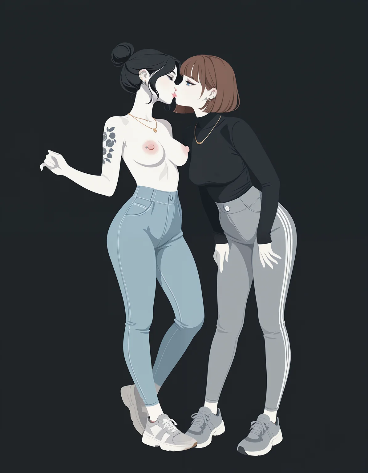 minimalistic, flat color, no lineart, full body.
1girl, brown hair, bob haircut, bangs, blunt fringe, cute face, pulled up tight white v-shirt, bare medium breasts, medium nipples, blue eyes, petite, thin waist, blue jeans, grey shoes, golden necklace, ear rings, pink lips.
1girl, mature, black hair bun, bangs, aesthetic face, pulled up black pullover, bare large breasts, large nipples, dark blue eyes, perfect body, gothic make-up, piercings, tattoos, grey jogging pants, white shoes, silver necklace, pale white skin.
lesbian, kissing,
simple black background