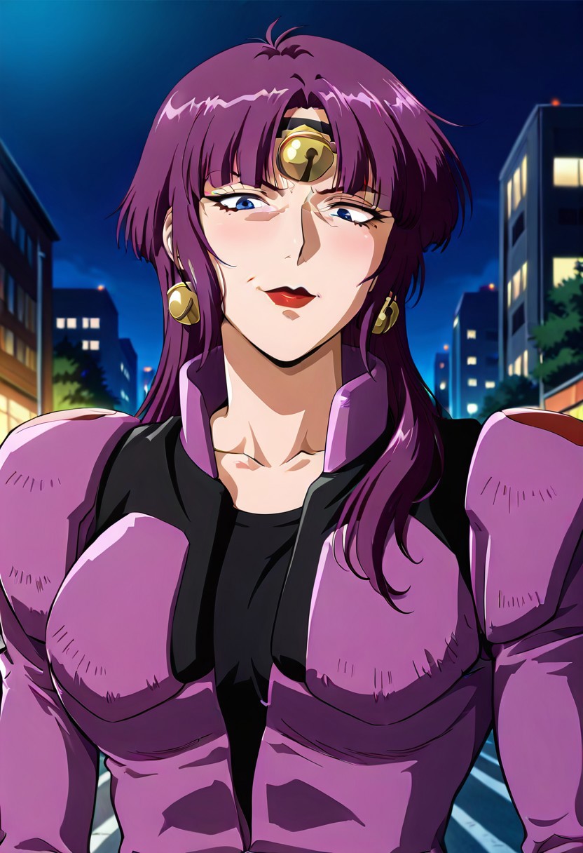 ((masterpiece, absurdres)), best quality, amazing quality, newest, 4k, anime coloring, very aesthetic, ray tracing, Smooth Quality, CG, source_anime,street view,city,night, moonlight,Fuala,blue eyes, 1 mature female, long hair, purple hair, red lips, bell headband, bell earrings, purple pilotsuit,black t-shirt