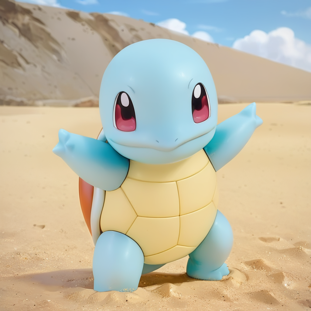 (score_9:0.9),score_8_up,score_7_up,anime style,rating_safe,(zPDXL),<lora:Squirtle ponyXL v3:1>,squirtle0007,solo, standing, smile, full body, closed mouth, sand, outdoors, cloud, sky, outstretched arms, day
