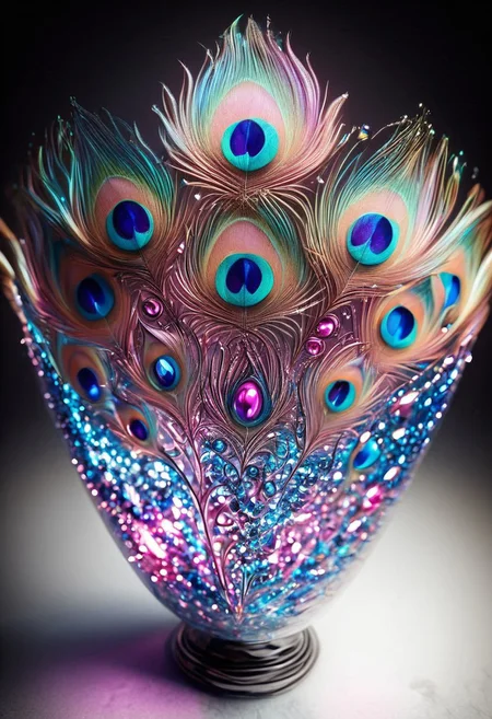 An incredibly dynamic view of the beautiful dahlia. Made of Peacock subject, tiny neon jade filaments, vivid colors, masterpiece, 8K, amazing shading, great quality, high resolution, glass, dahlia. add-detail-xl <lora:add-detail-xl.safetensors:0.8:0.8>,<lora:Peacock_World_Morph_XL:1>, <lora:aidmaFLuxPro1.1_v0.3_IL:0.8> aidmafluxpro1.1