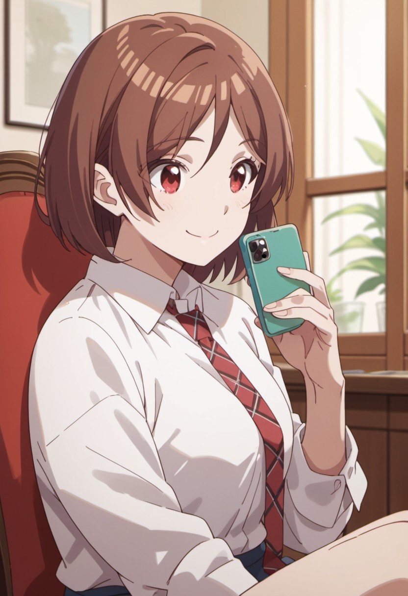 score_9, score_8_up, score_7_up, source_anime, sakuramori akane, short hair, brown hair, red eyes, 1girl, solo, necktie, phone, red necktie, holding, holding phone, sitting, cellphone, smile, white shirt, shirt, indoors, collared shirt